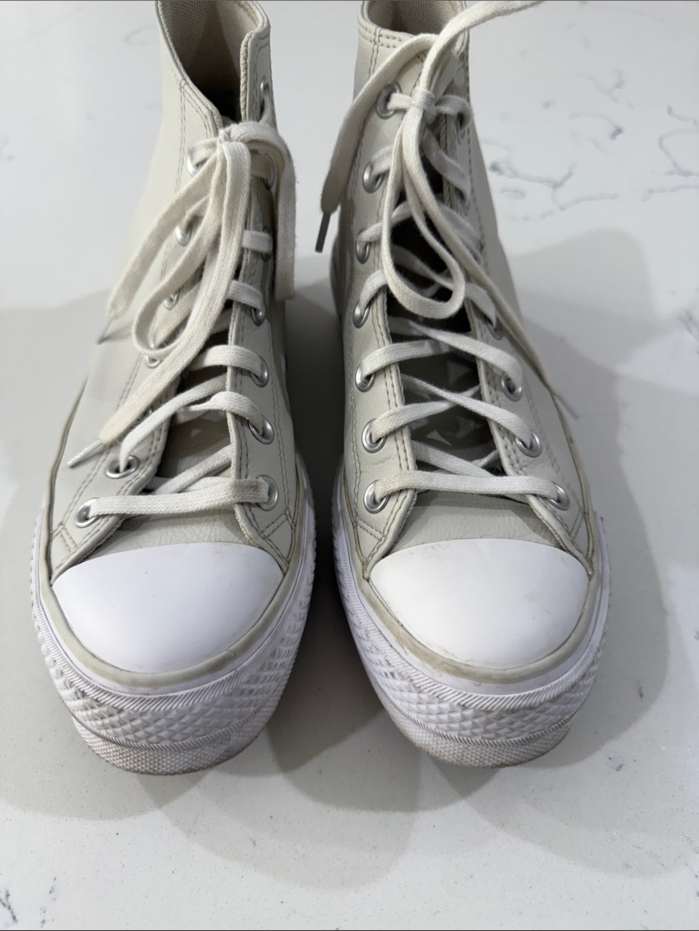Leather Converse High-Top Platform Sneakers in Cream and White